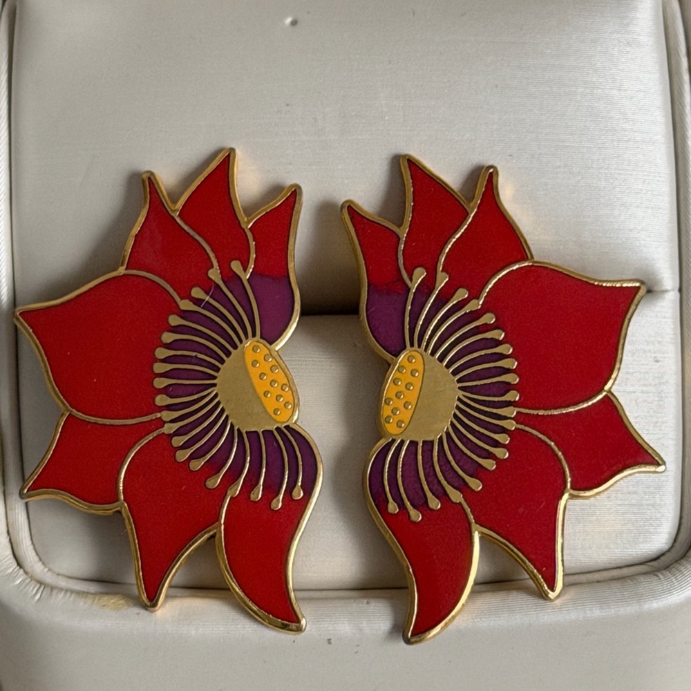 Laurel Burch Vintage Red Lotus Stud Earrings